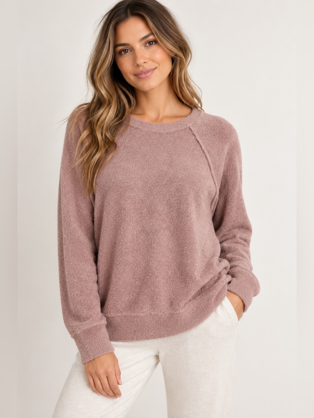 Barefoot NWT Cozy Chic Lite Raglan Crewneck Pullover Sweater in Deep Taupe S